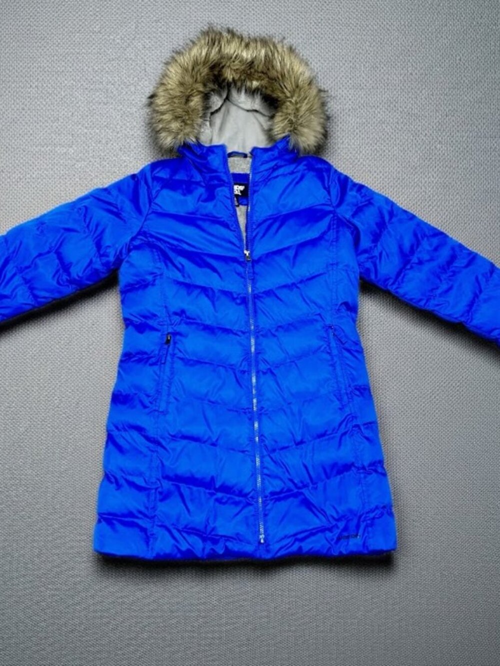 Lands' End Girls Squall Blue Puffer Coat Faux Fur Hood XL 14-16